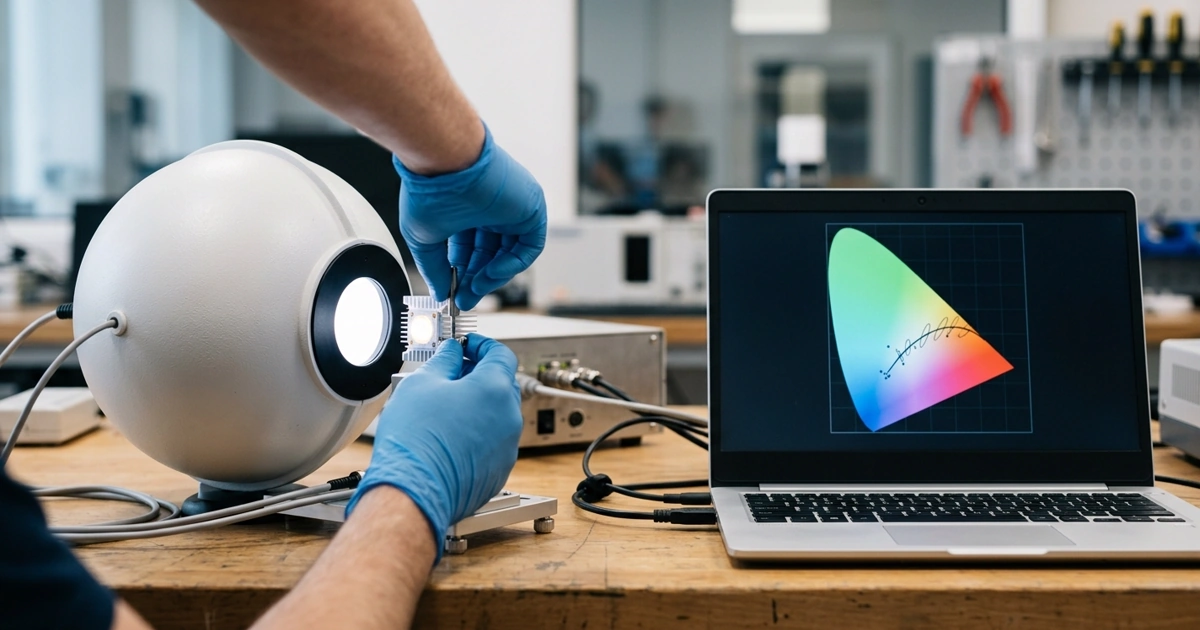 Spectroradiometer and integrating sphere measuring a bare white LED module, with the chromaticity point plotted against bin boundaries on a laptop