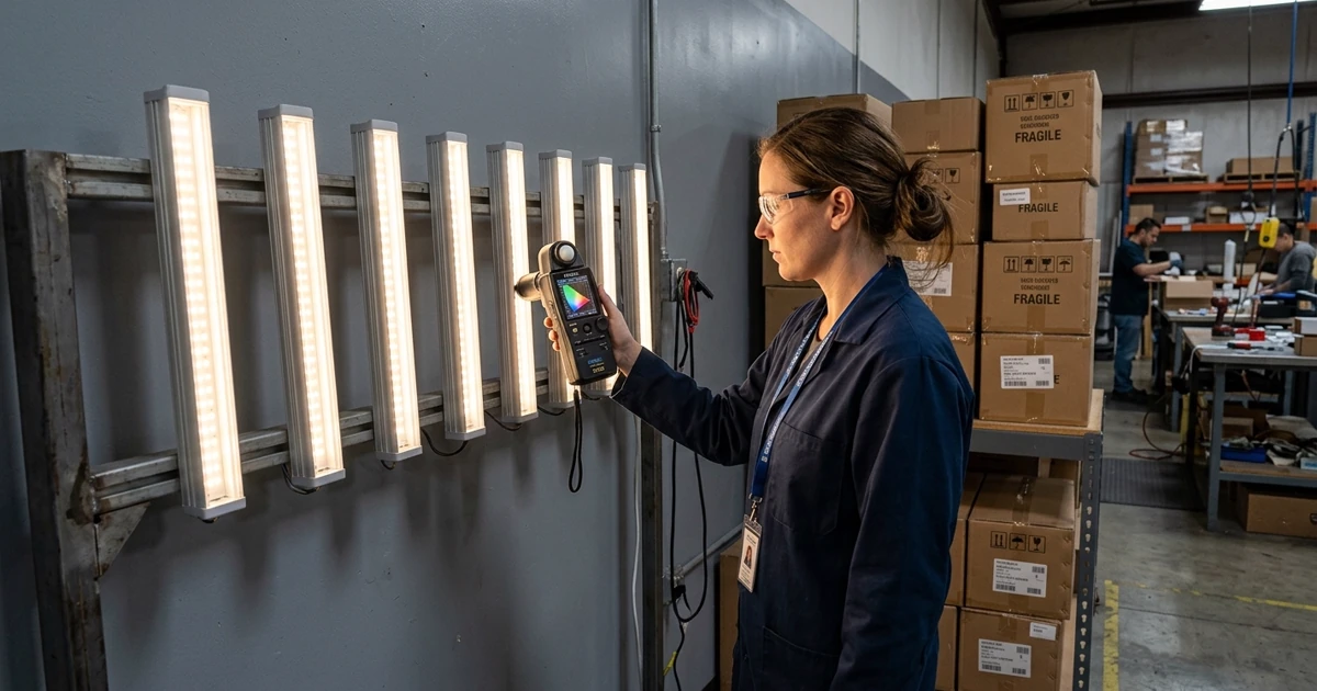 Row of identical linear LED luminaires lit side by side on a test rack while an inspector compares their light color with a handheld spectrometer