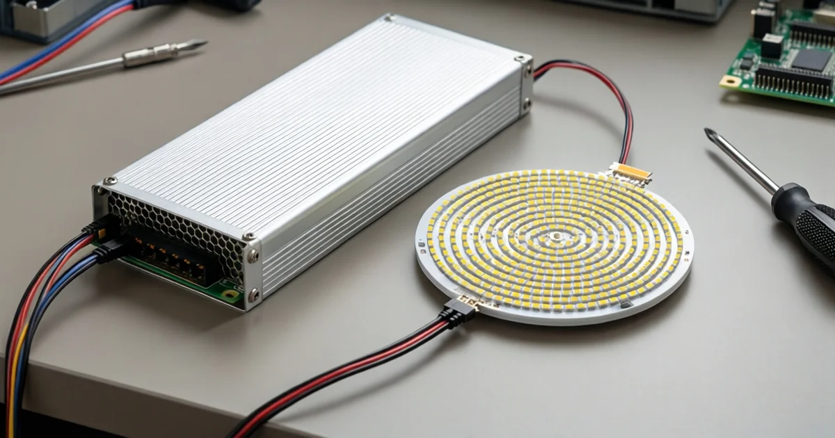 Separate LED driver cabled to a round LED module on a workbench, the driver-and-module combination that a flicker test report must identify